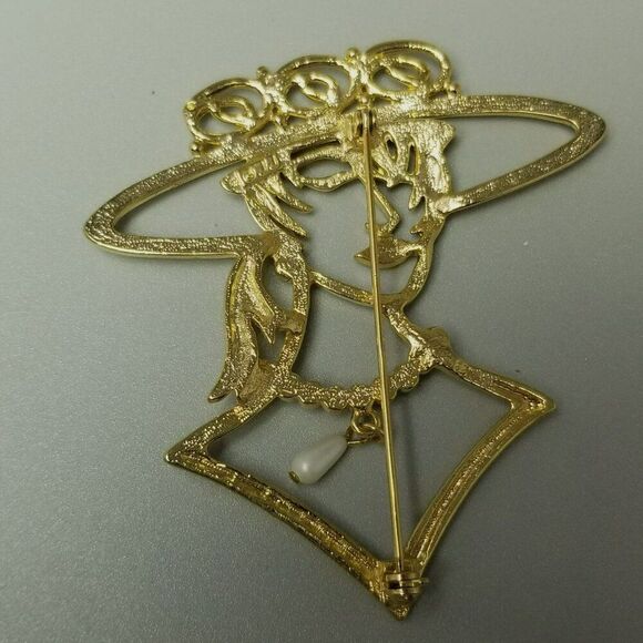Vintage Retro Fashionable Woman in Hat Faux Pearl Brooch, Gold Tone Outline - Picture 3 of 6